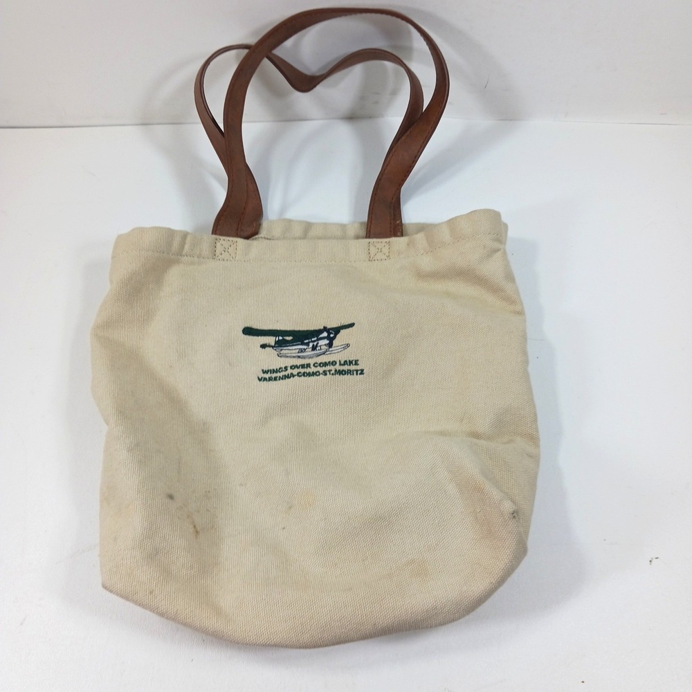 Brandy Melville Wings Over Como Lake Canvas Tote Bag Cream Brown Leather Straps